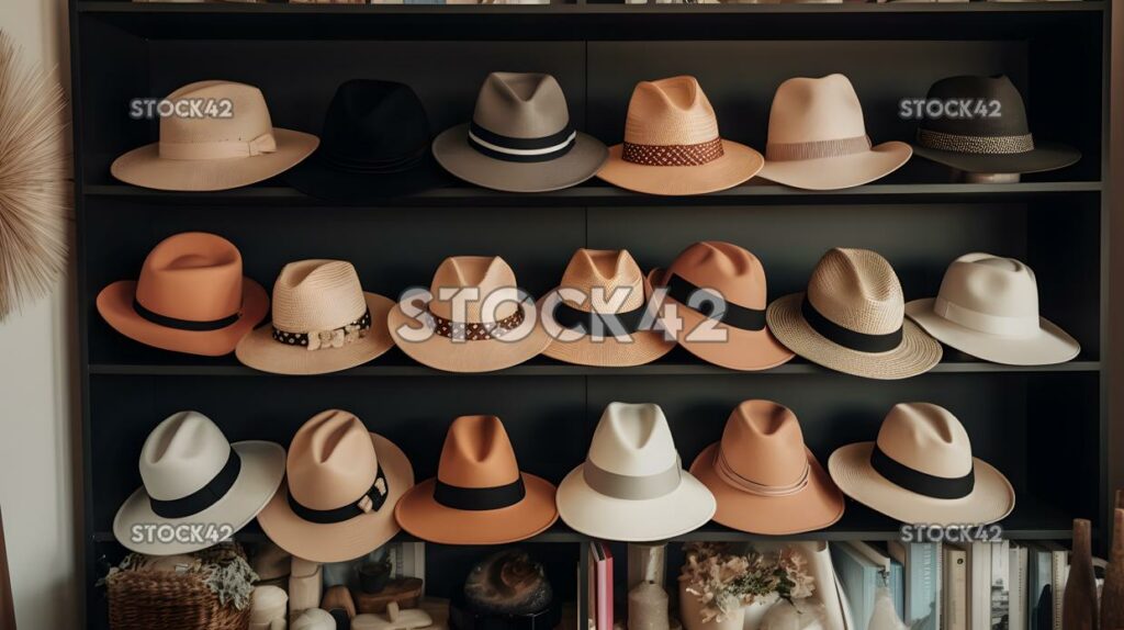 Colección de sombreros chic y trendy exhibidos en un estante tres