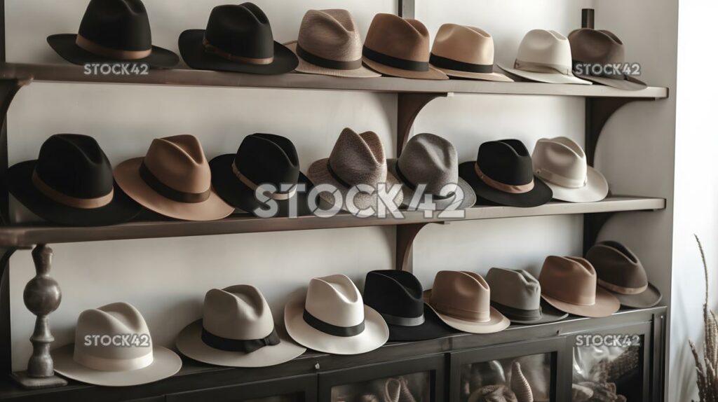 collection of chic and trendy hats displayed on a shelf two