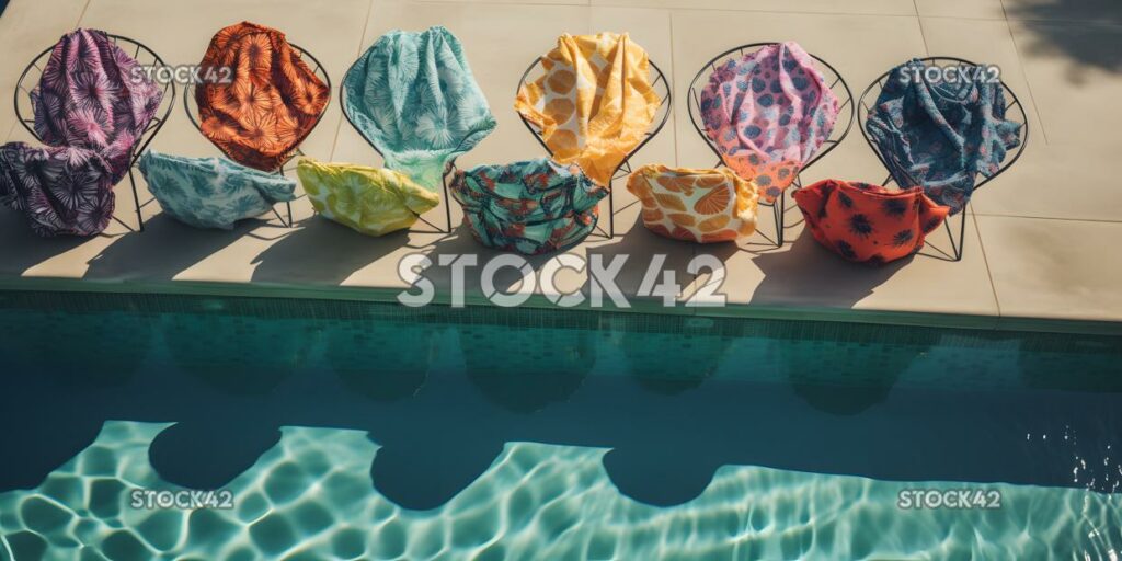 collection of colorful swimsuits laid out on a pool chair three