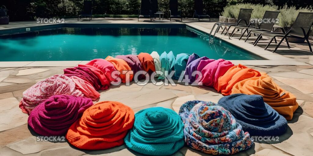 collection of colorful swimsuits laid out on a pool chair two