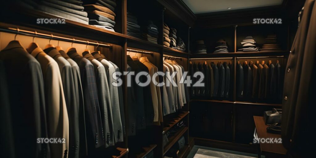 collection of high-end suits hang in a walk-in closet