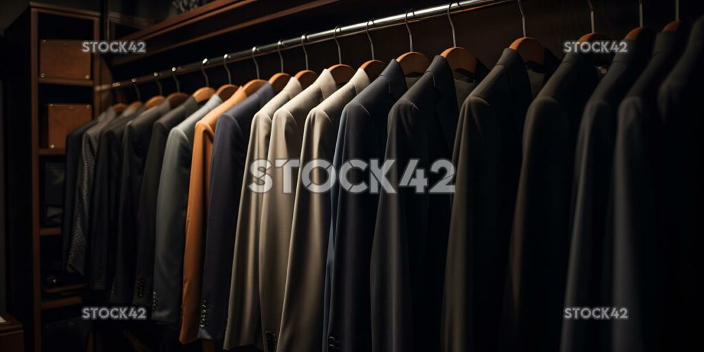 collection of high-end suits hang in a walk-in closet three