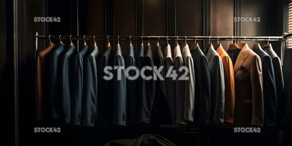 collection of high-end suits hang in a walk-in closet two