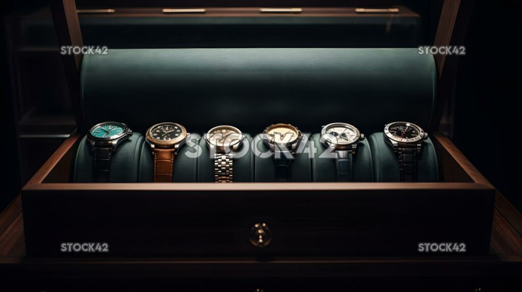 collection of luxury watches sits on a velvet-lined displ