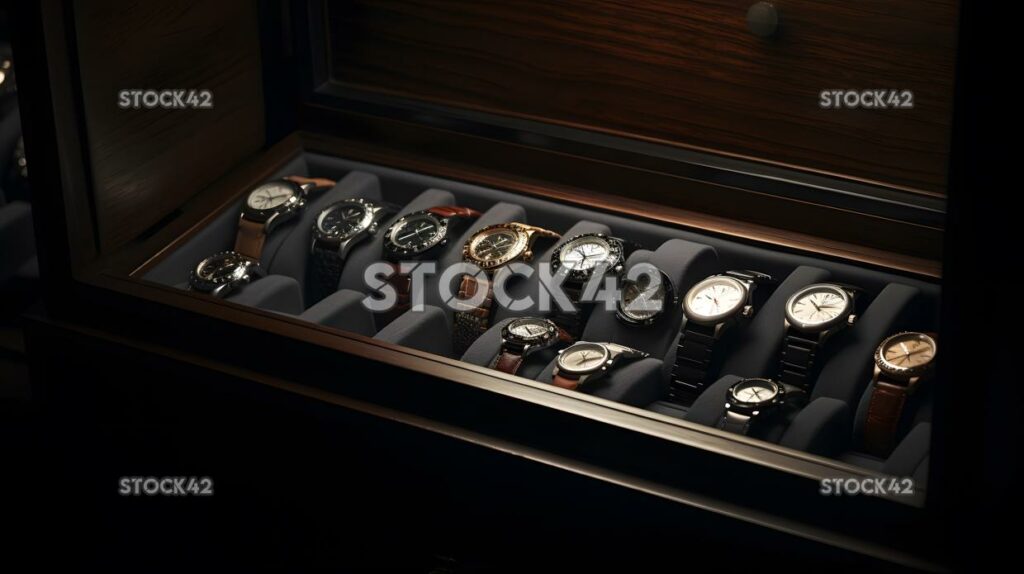 collection of luxury watches sits on a velvet-lined displ one