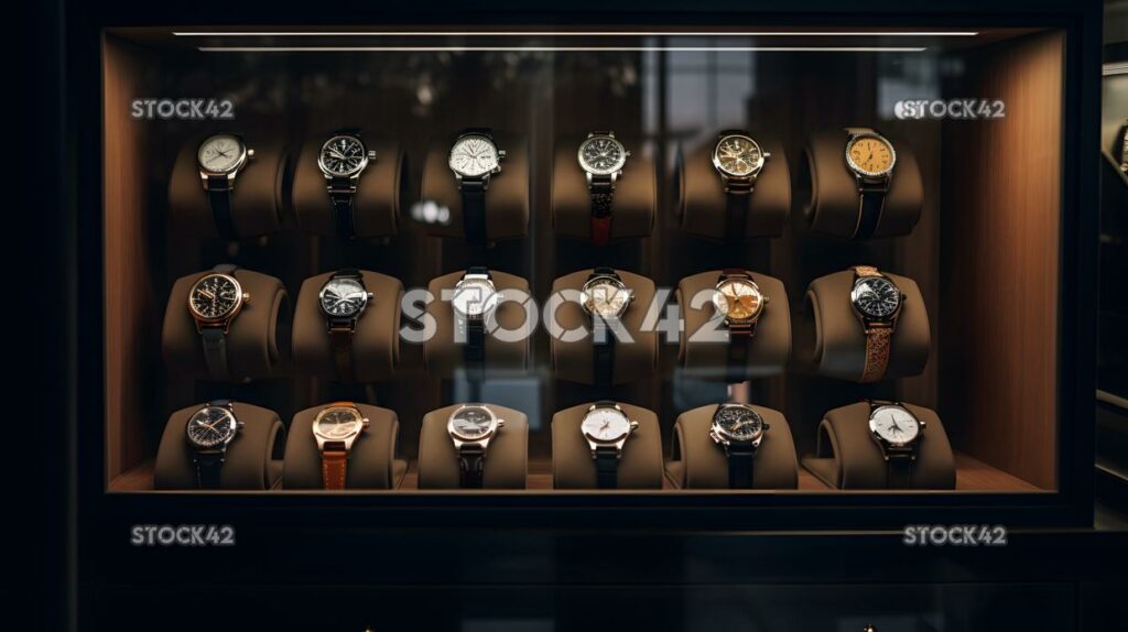 collection of luxury watches sits on a velvet-lined displ three