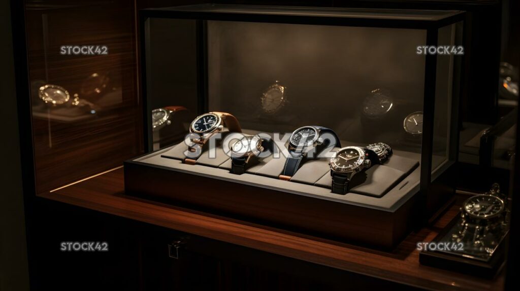 collection of luxury watches sits on a velvet-lined displ two