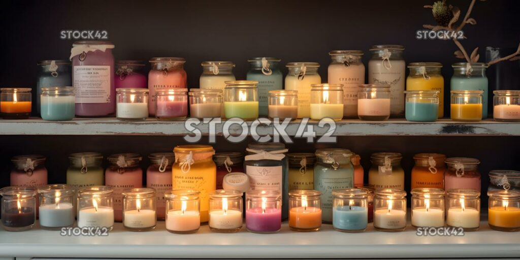 collection of scented candles in glass jars on a shelf