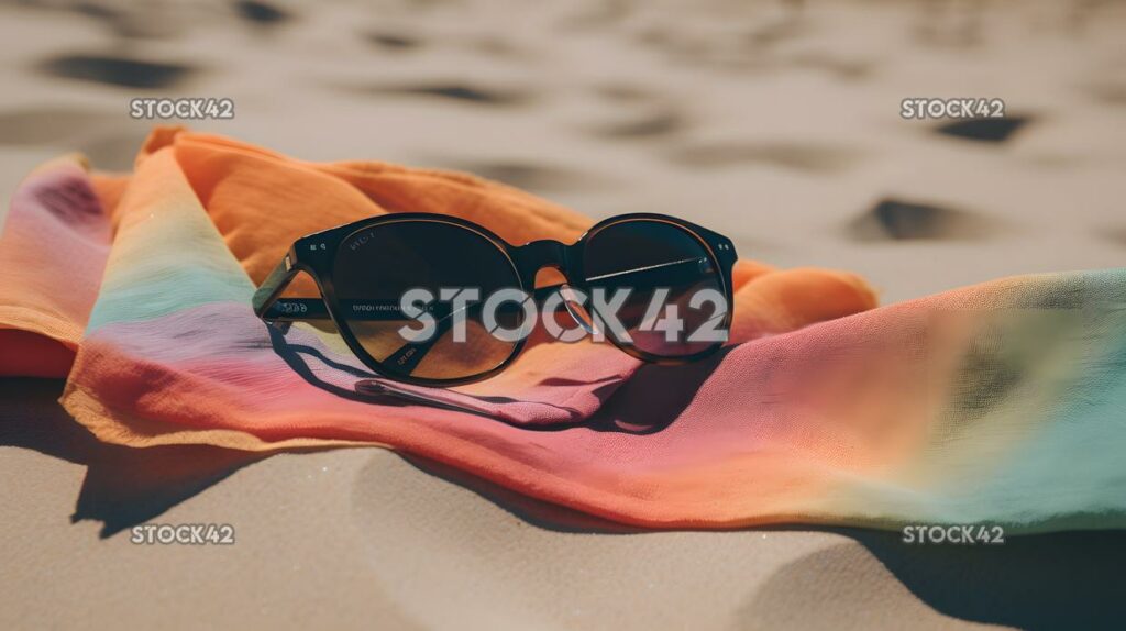 buntes Strandtuch liegt auf dem Sand neben einem Paar