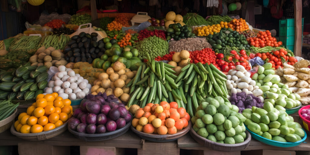 colorful display of fresh fruits and vegetables at an ope