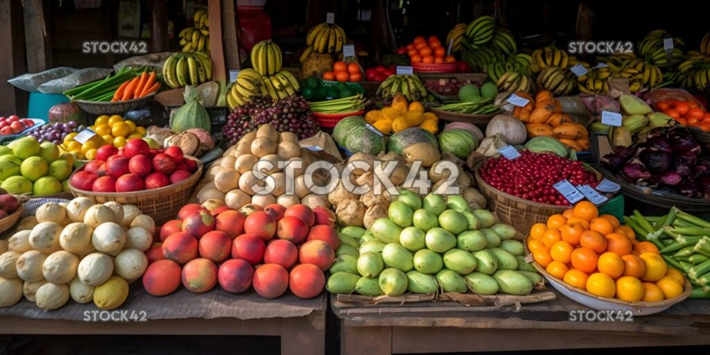 Bunte Präsentation von frischem Obst und Gemüse an einem Ope One