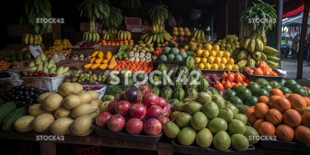 Bunte Präsentation von frischem Obst und Gemüse an einem Ope Three