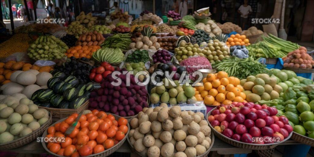 Colorida exhibición de frutas y verduras frescas en un Ope Two