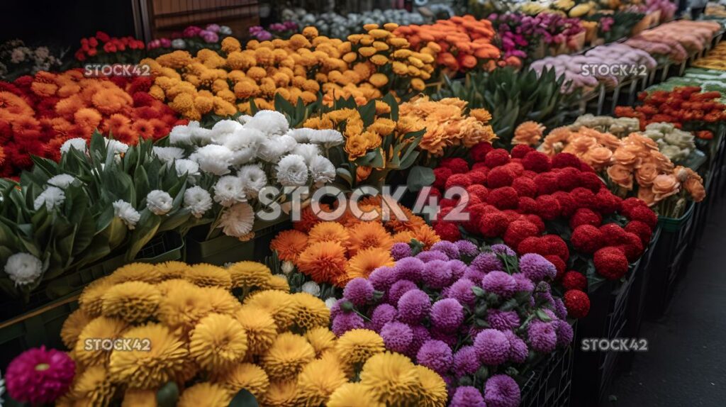 Colorido mercado de flores con una amplia variedad de flores en D