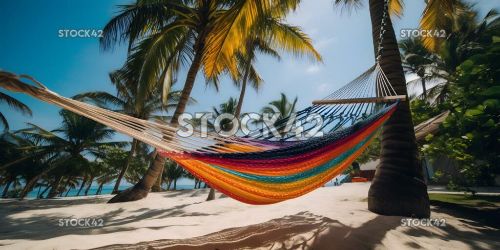 colorful hammock hangs between two palm trees with a trop one