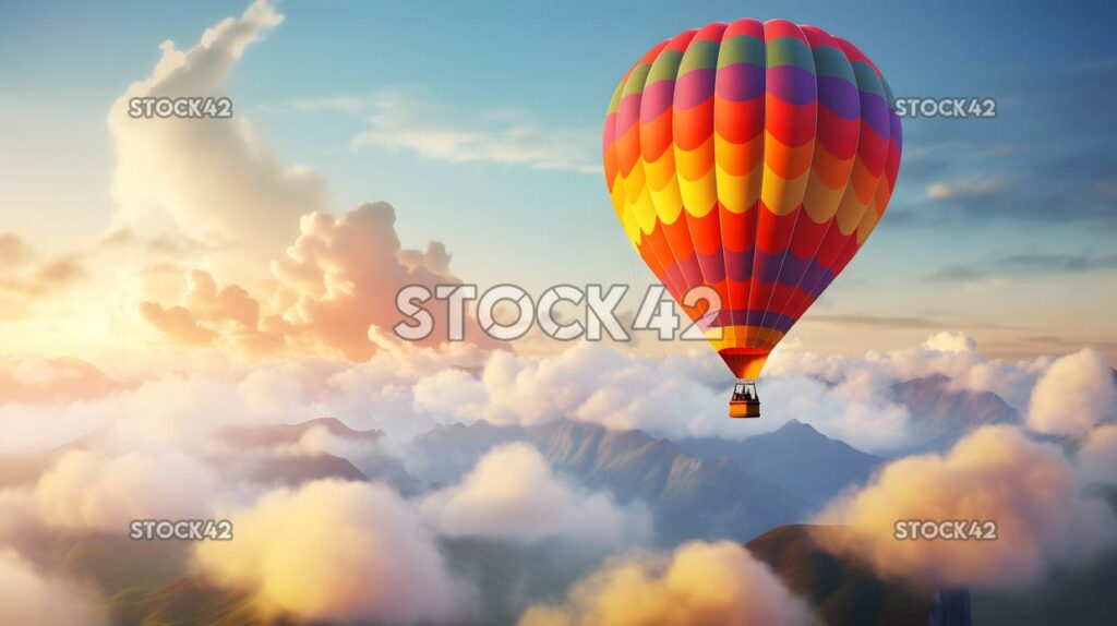 Colorido globo aerostático flotando sobre las nubes tres