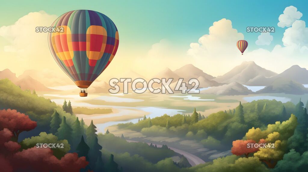 colorful hot air balloon flying over a scenic landscape