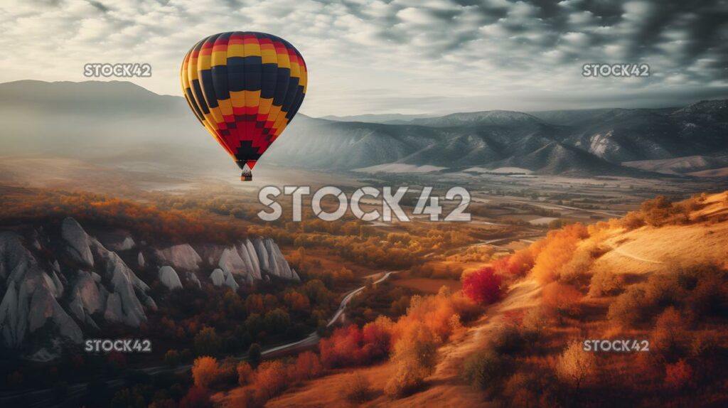 bunter heißluftballon, der über eine malerische landschaft fliegt drei