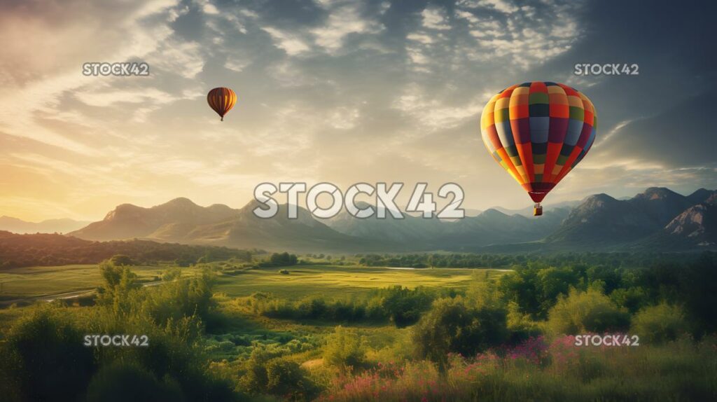 bunter heißluftballon, der über eine malerische landschaft fliegt zwei