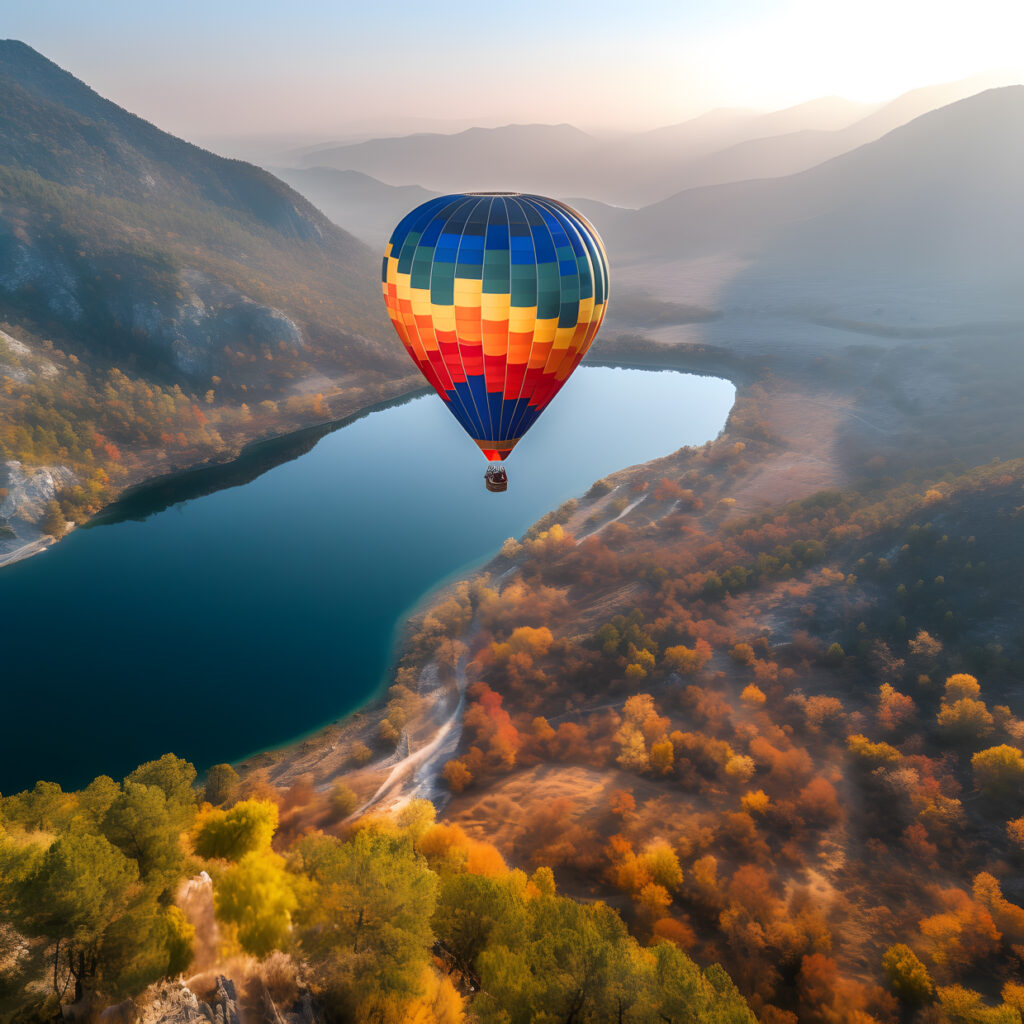 Bunte Heißluftballonfahrt über eine atemberaubende Landsca Three