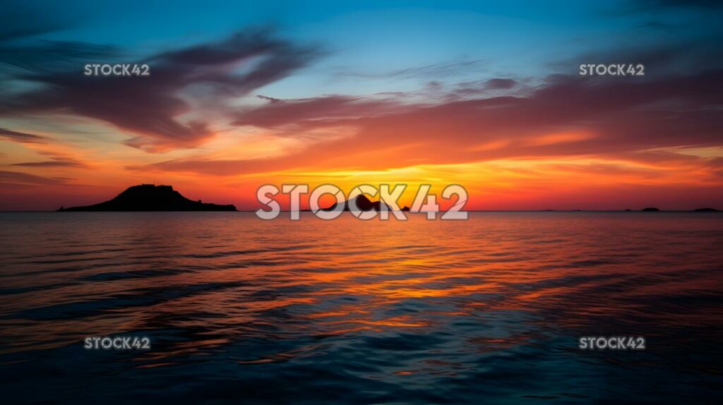 colorful sunset over a calm sea with silhouettes of dista