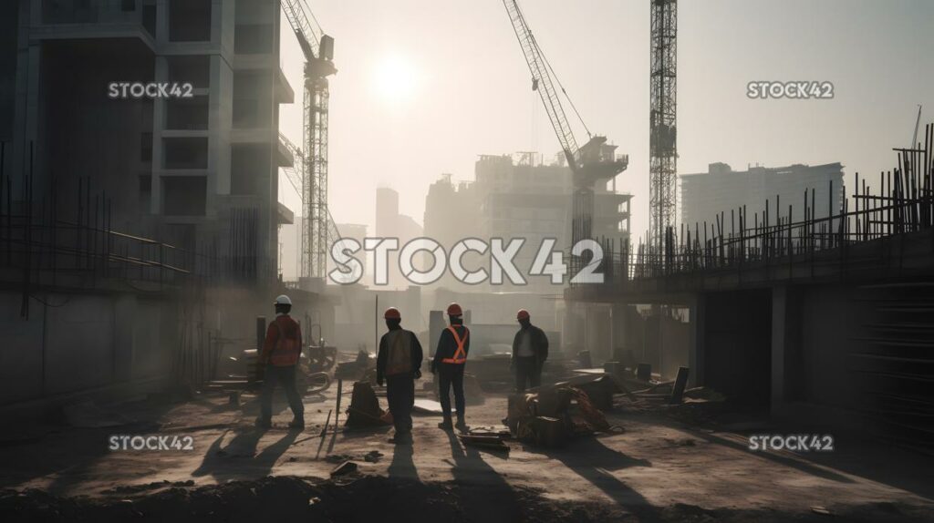 Sitio de construcción con trabajadores construyendo un rascacielos