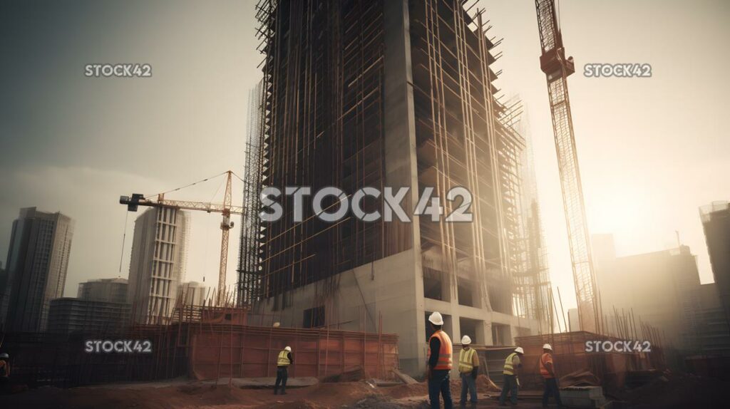 Baustelle mit Arbeitern, die einen Wolkenkratzer bauen