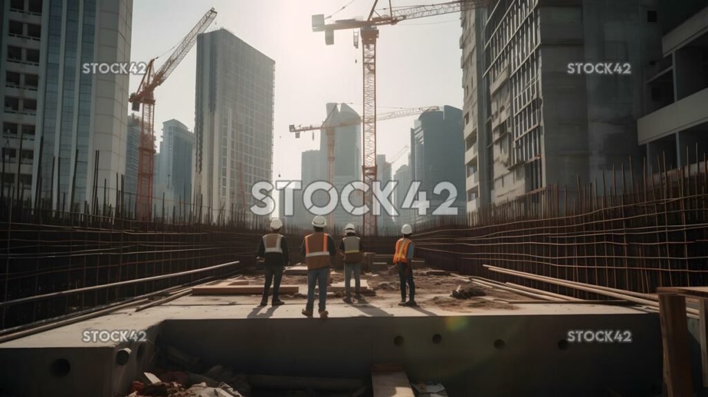 Baustelle mit Arbeitern, die einen Wolkenkratzer bauen zwei