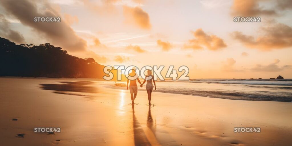 Pareja caminando en una playa tropical tomados de la mano y watc