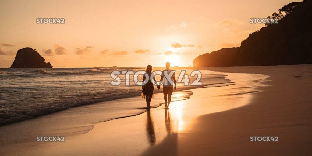 couple walking on a tropical beach holding hands and watc one