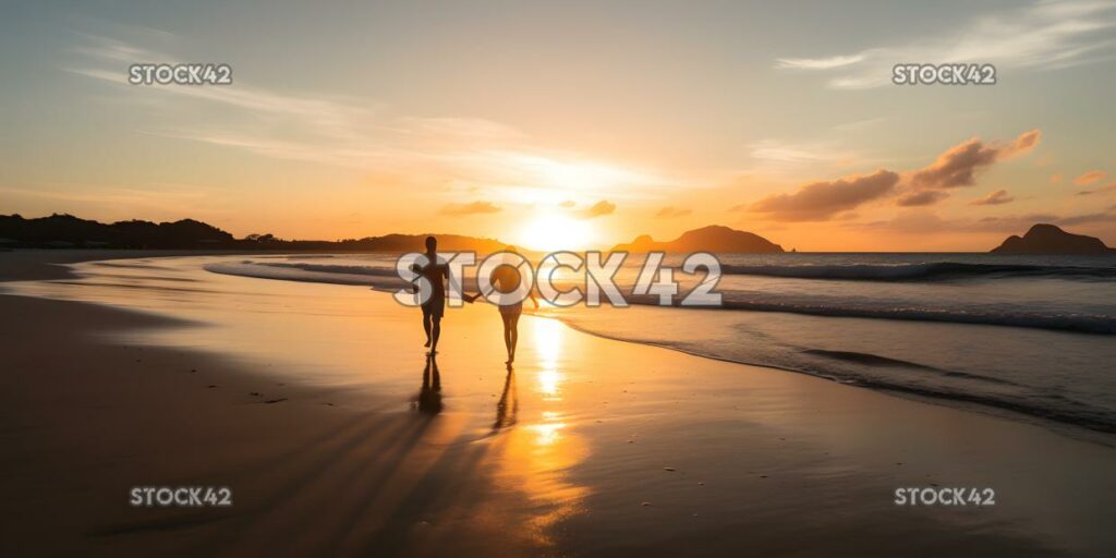 Pareja caminando por una playa tropical cogida de la mano y watc dos