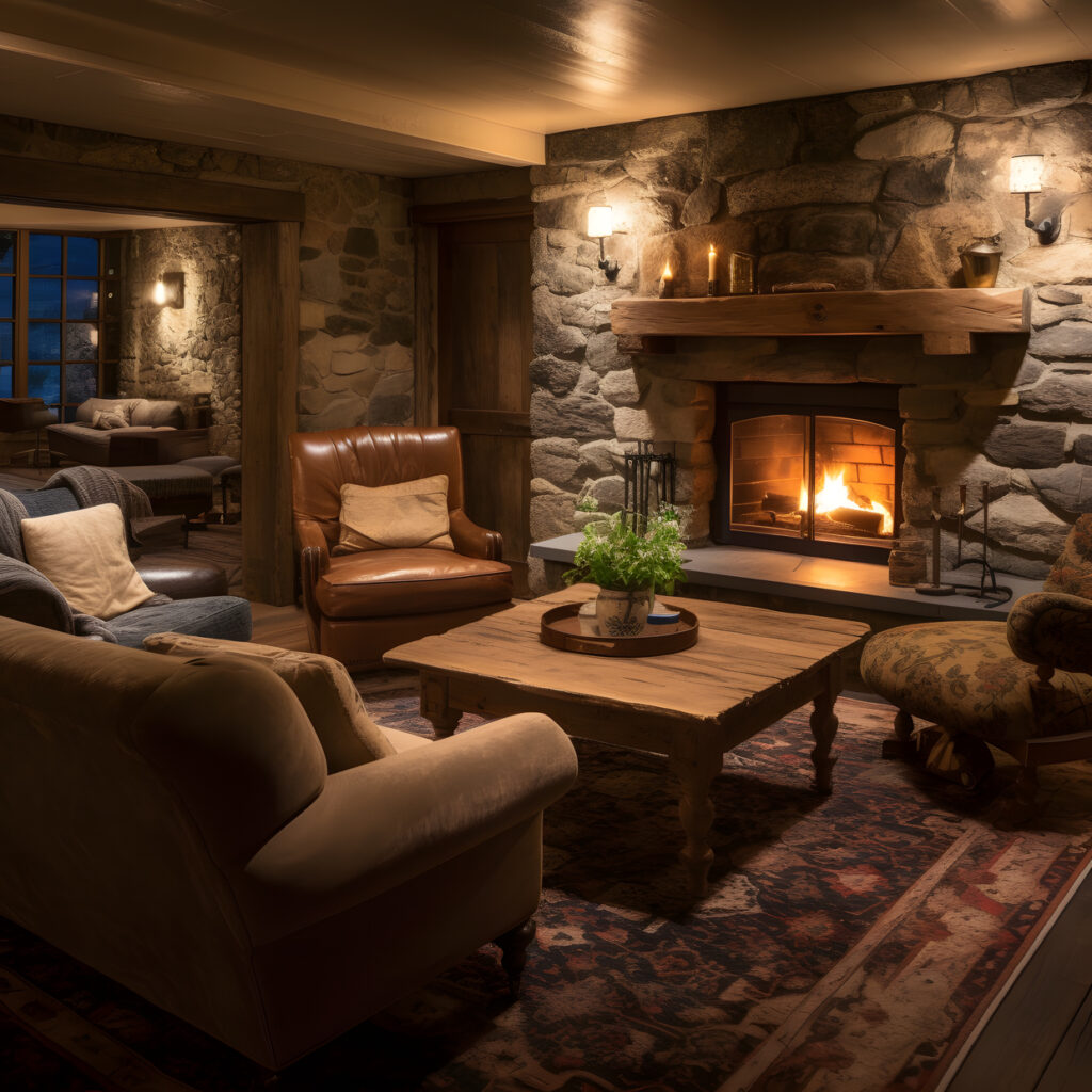 cozy and inviting fireplace with a crackling fire and com two