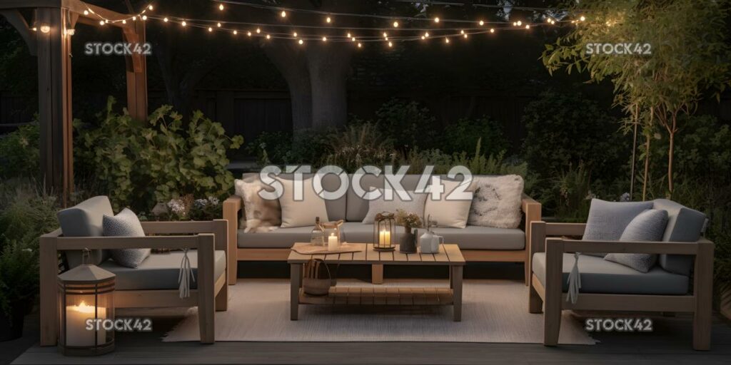 cozy and inviting outdoor seating area with comfortable f one