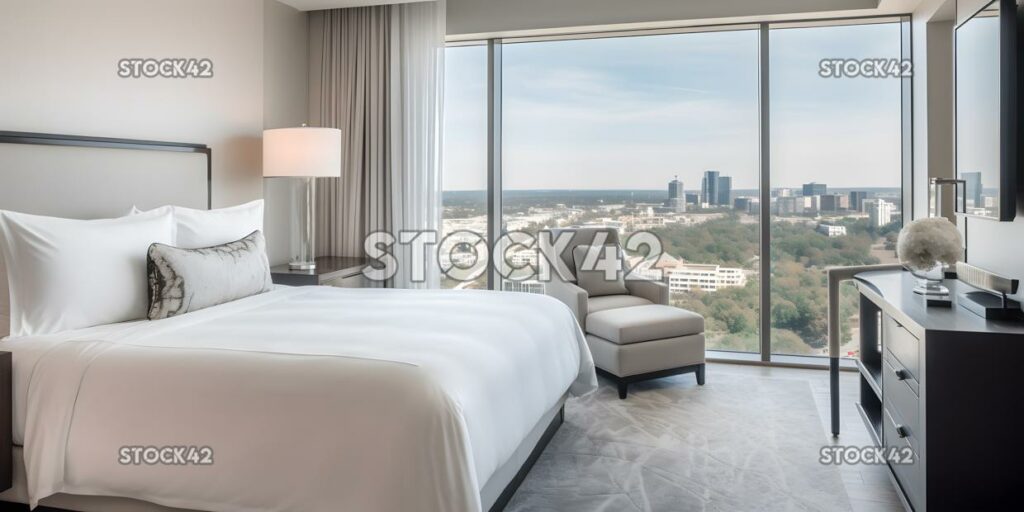 cozy and luxurious hotel room with plush bedding and a st