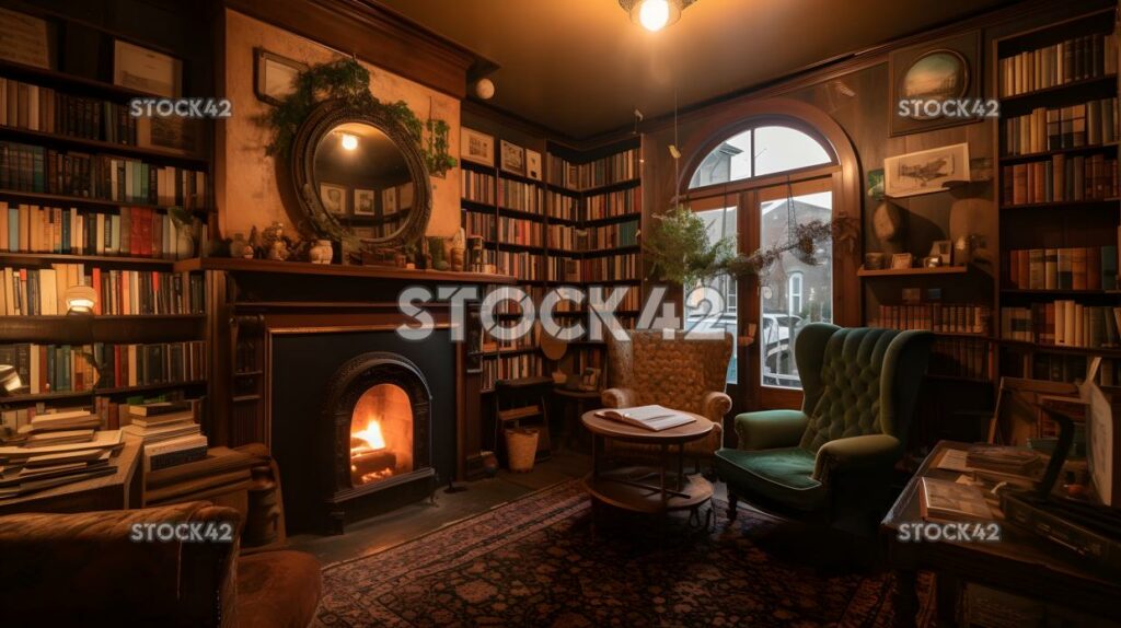 cozy bookshop with plush chairs and a fireplace