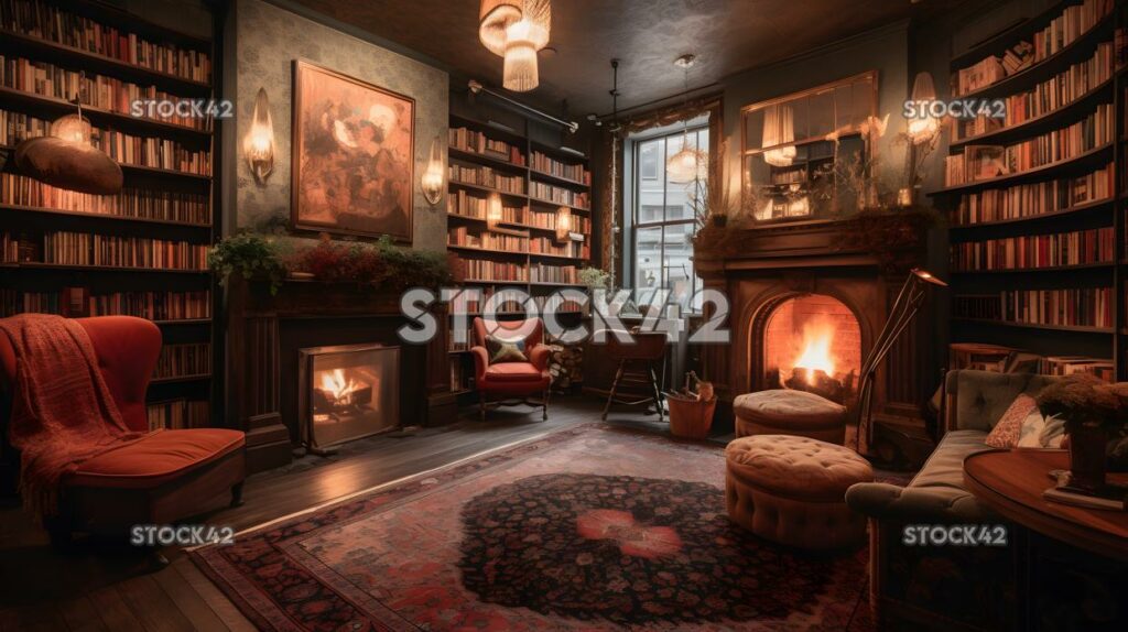 cozy bookshop with plush chairs and a fireplace one