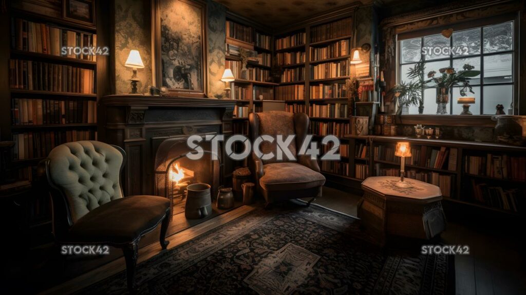 cozy bookshop with plush chairs and a fireplace two