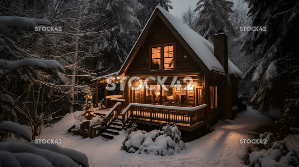 cozy cabin in the snowy woods with a hot tub and rustic d