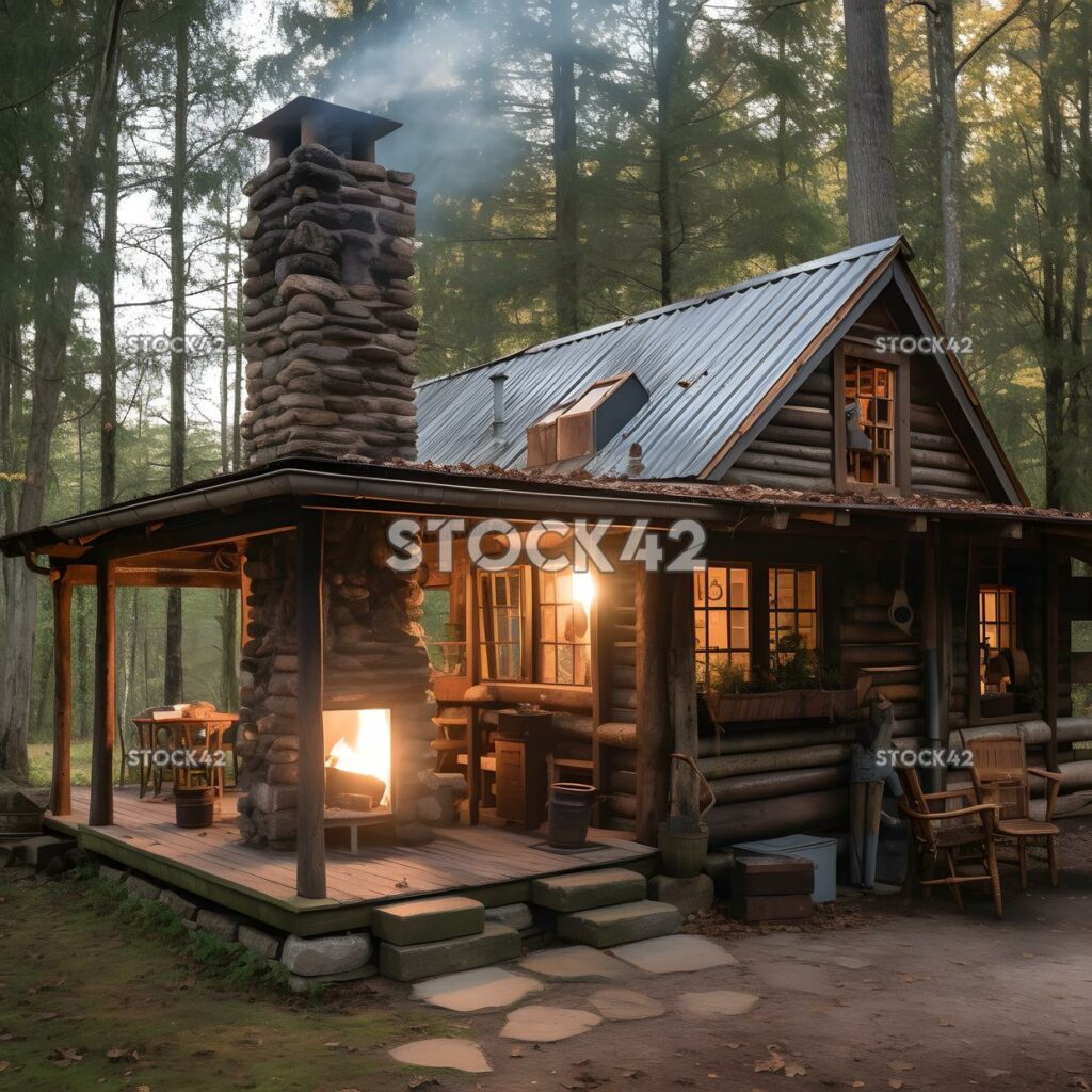 cozy cabin in the woods with a porch swing and a wood-bur