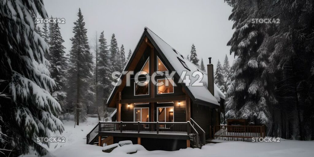 Gemütliche Hütte eingebettet in einen Pinienwald, umgeben von Schnee