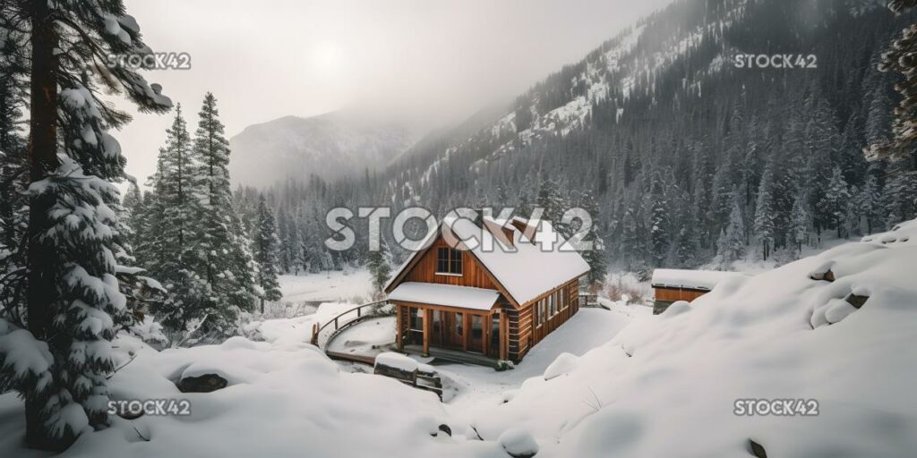 Gemütliche Hütte eingebettet in einen Pinienwald, umgeben von Schnee