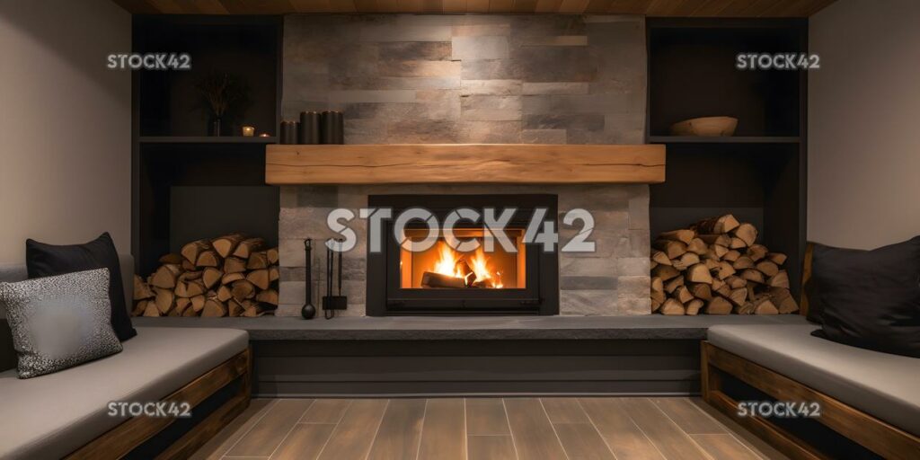 cozy fireplace with a stack of firewood and comfy seating