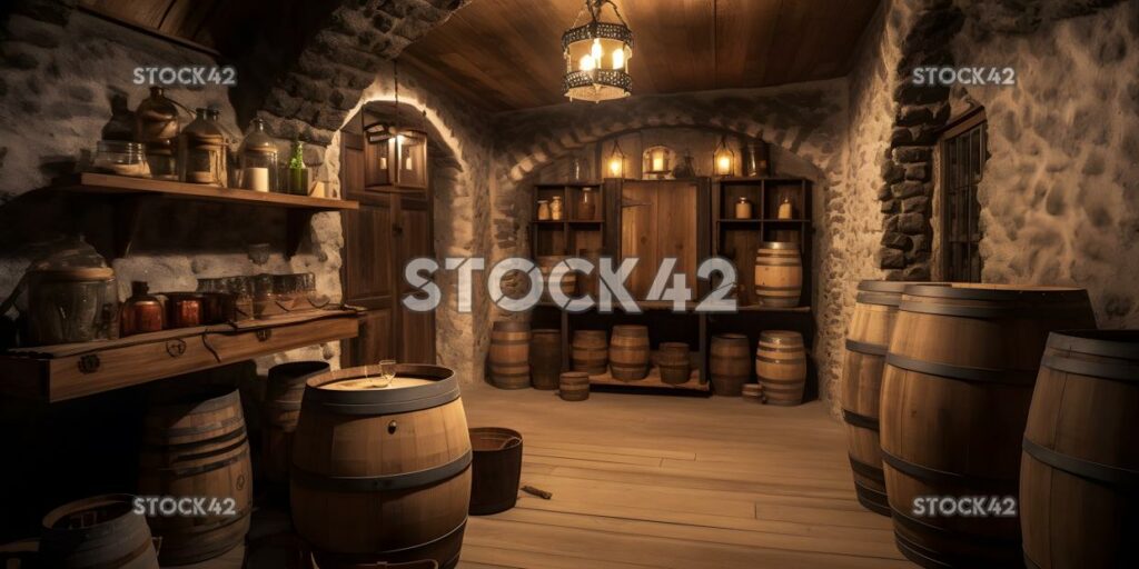 cozy wine cellar with wooden barrels and bottles of wine