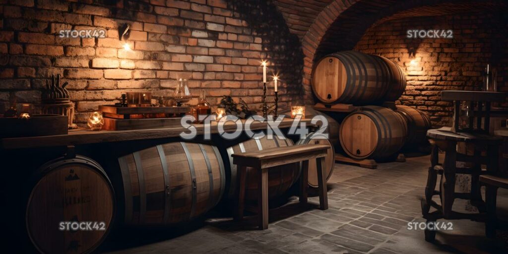 cozy wine cellar with wooden barrels and bottles of wine one