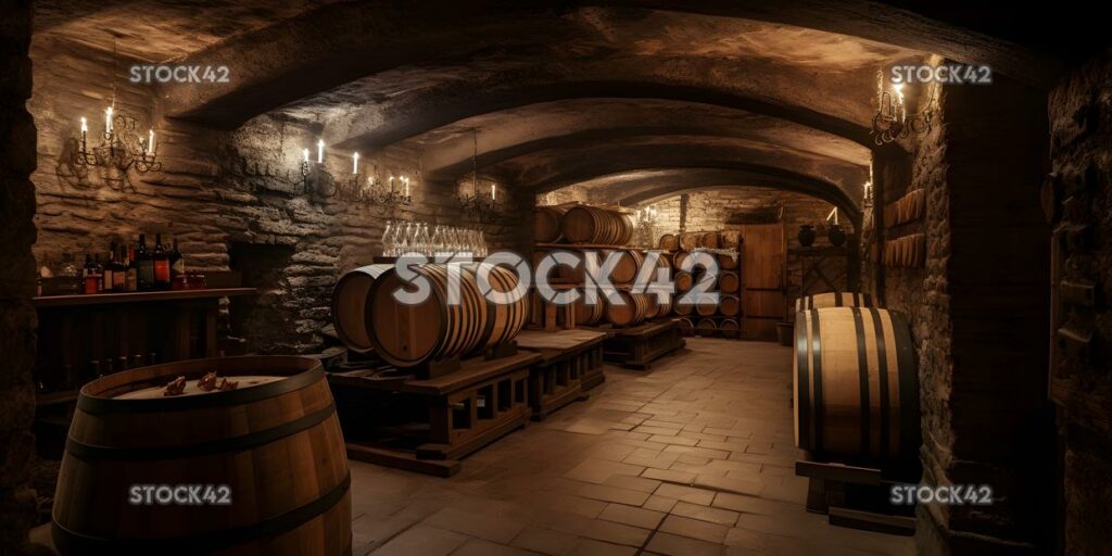 cozy wine cellar with wooden barrels and bottles of wine three