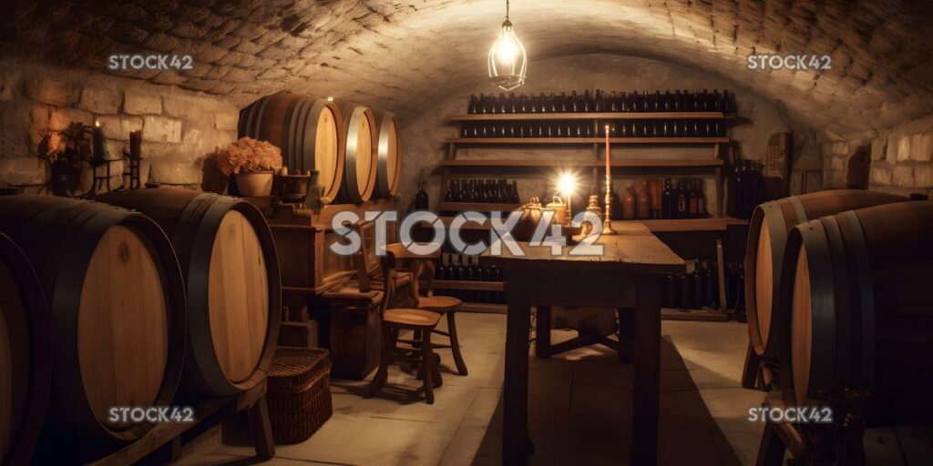 cozy wine cellar with wooden barrels and bottles of wine two