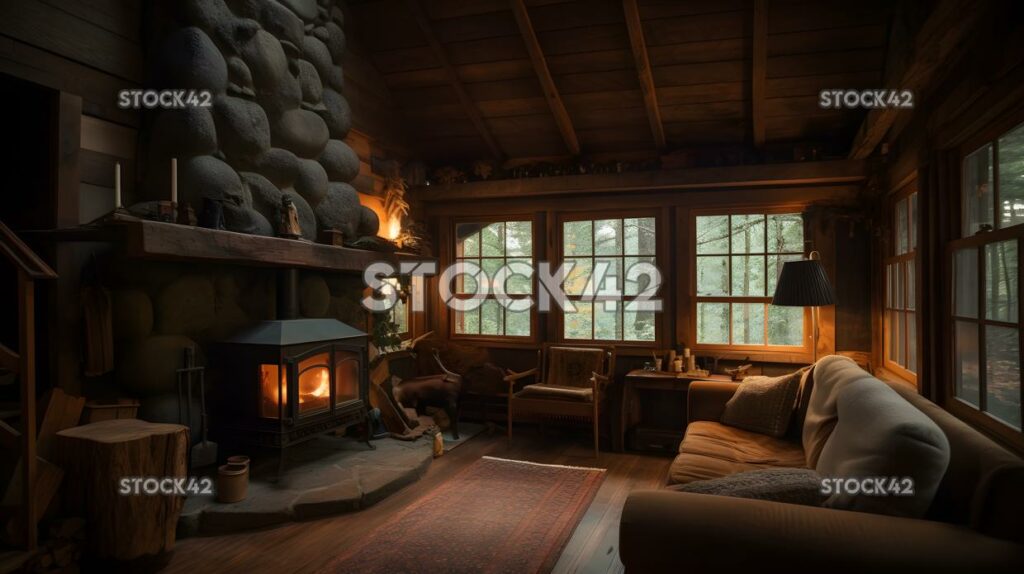 cozycabininthewoodswithafireplaceandcomfortabl