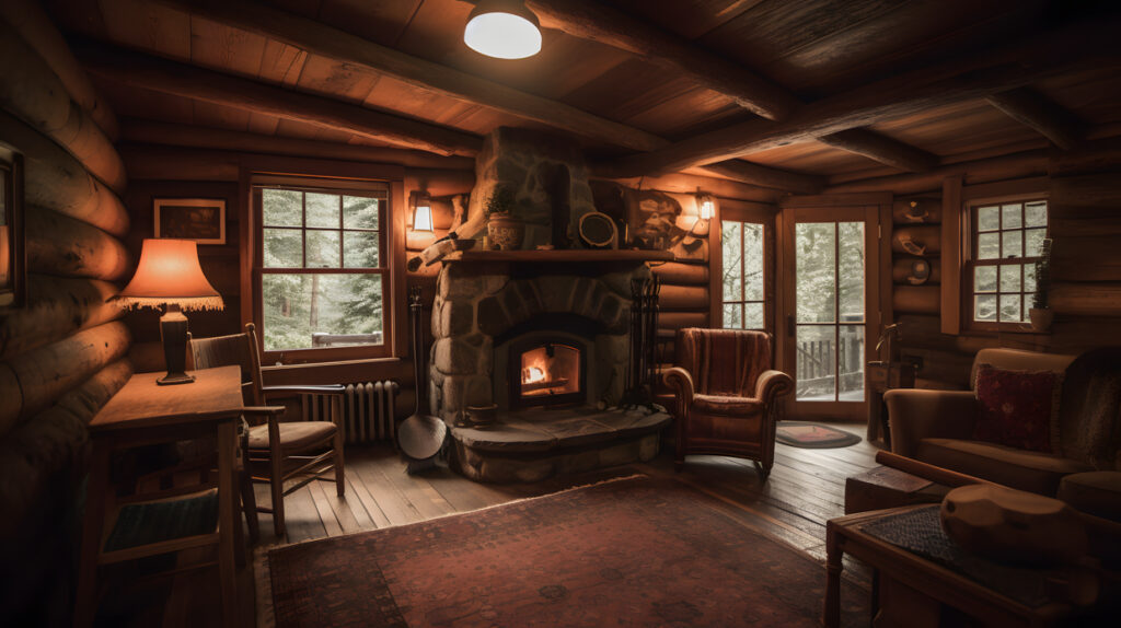 cozycabininthewoodswithafireplaceandcomfortabl one