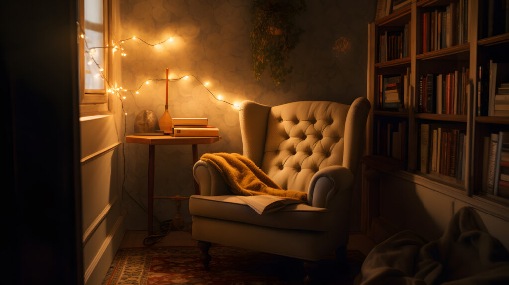 cozyreadingnookwithacomfortablechairwarmlightin