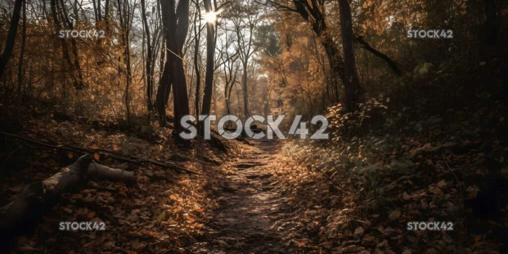 dense forest with a dirt trail and fallen leaves